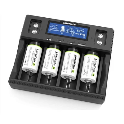 LiitoKala Lii-D4XL extra széles négycsatornás 18650 21700 26650 32700 LCD Lithium-Ion Li-Ion és 9V akkumulátor töltő