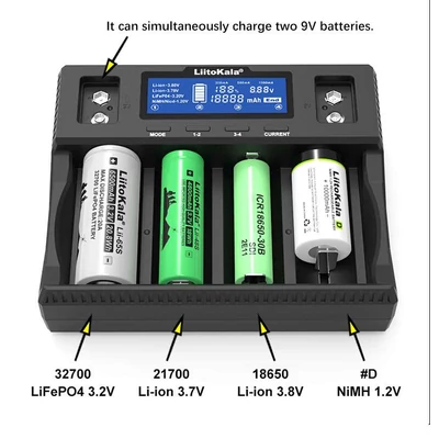 LiitoKala Lii-D4XL extra széles négycsatornás 18650 21700 26650 32700 LCD Lithium-Ion Li-Ion és 9V akkumulátor töltő