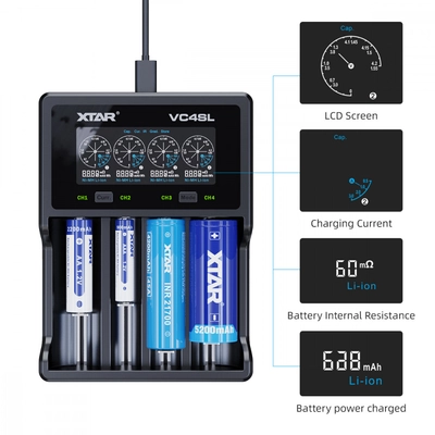 Xtar négycsatornás 18650 VC4SL USB Lithium-Ion Li-Ion akkumulátor/cella töltő/adapter